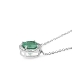 18ct White Gold Emerald and Diamond Halo Necklace