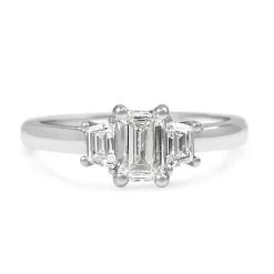 18ct White Gold Emerald Cut and Trapezoid Diamond 3 Stone Ring