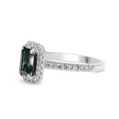 18ct White Gold Emerald Cut Teal Sapphire and Diamond Halo Ring