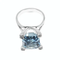 18ct White Gold Emerald Cut Aquamarine and Diamond Claw Cocktail Ring