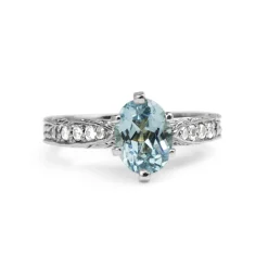 14ct White Gold Engraved Aquamarine and Diamond Solitaire Ring