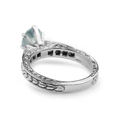 14ct White Gold Engraved Aquamarine and Diamond Solitaire Ring