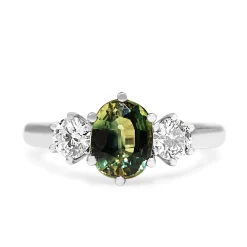 18ct White Gold Green / Yellow Parti Sapphire 3 Stone Ring