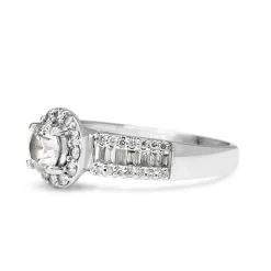 18ct White Gold Halo Cluster Ring With Round and Baguette Diamonds