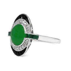 9ct White Gold Jade, Emerald, Onyx and Diamond Deco Style Ring