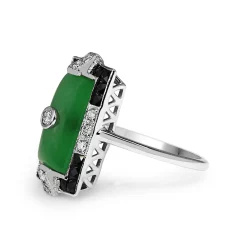 9ct White Gold Jade, Onyx and Diamond Deco Style Ring