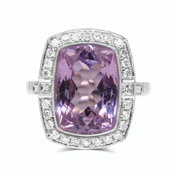 18ct White Gold Kunzite and Diamond Halo Ring