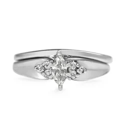 14ct White Gold Marquise Ring With Matching 10ct White Gold Band - Ring Set