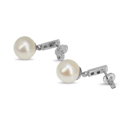 18ct White Gold 8mm Sea Pearls and Diamond Drop Vintage Earrings