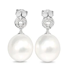 18ct White Gold 13mm South Sea Pearl and Diamond Deco Style Drop Earrings