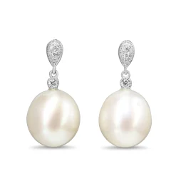 18ct White Gold 11mm South Sea Pearl and Diamond Drop Earrings