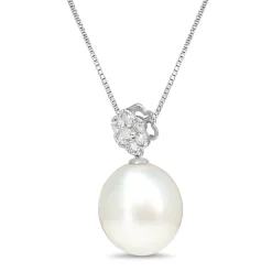 18ct White Gold 13.5mm South Sea Pearl and Diamond Daisy Style Necklace