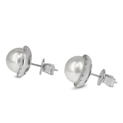 18ct White Gold 10.5mm South Sea Pearls and Diamond Halo Stud Earrings