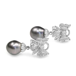 14ct White Gold 10.5mm Tahitian Pearl and Diamond Bow Earrings