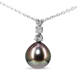 18ct White Gold 12mm Tahitian Pearl and Diamond Drop Necklace