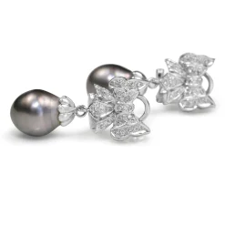 14ct White Gold 10.5mm Tahitian Pearl and Diamond Bow Earrings