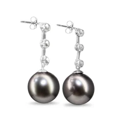 18ct White Gold 11mm Tahitian Pearl and Diamond Drop Earrings
