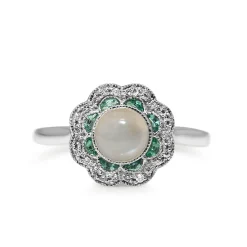 9ct White Gold Moonstone, Emerald and Diamond Daisy Ring