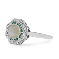 9ct White Gold Moonstone, Emerald and Diamond Daisy Ring