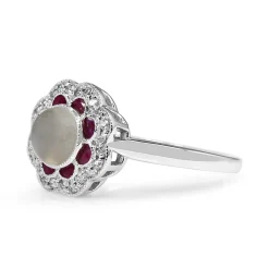 9ct White Gold Moonstone, Ruby and Diamond Daisy Style Ring