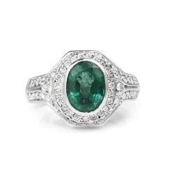 18ct White Gold Natural Emerald and Diamond Halo Ring