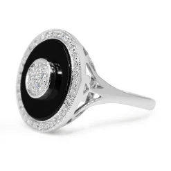 9ct White Gold Onyx and Diamond Halo Cluster Ring