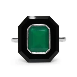 9ct White Gold Onyx and Green Agate Deco Style Ring
