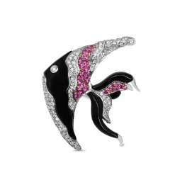 18ct White Gold Onyx, Pink Sapphire and Diamond Angel Fish Brooch