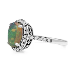 10ct White Gold Opal Diamond Halo Ring