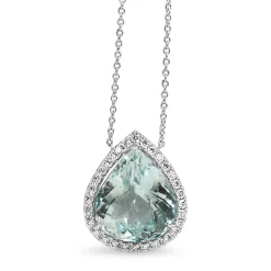 18ct White Gold Pear Aquamarine Halo Necklace
