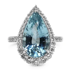 18ct White Gold Pear Aquamarine with Graduated Halo Diamond Ring