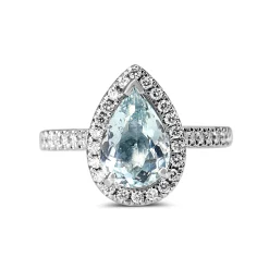 18ct White Gold Pear Aquamarine Halo Diamond Ring