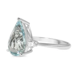 18ct White Gold Pear Aquamarine and Diamond 3 Stone Ring