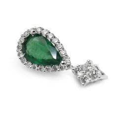 18ct White Gold Pear Emerald and Diamond Halo Pendant