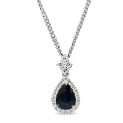 18ct White Gold Pear Sapphire and Diamond Halo Necklace