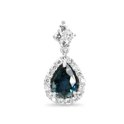 18ct White Gold Pear Sapphire and Diamond Halo Drop Necklace