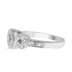 9ct White Gold Pink Sapphire and Diamond Halo 3 Stone Ring