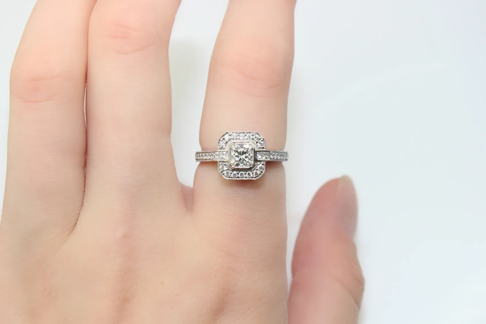 18ct White Gold Radiant Diamond Halo Ring