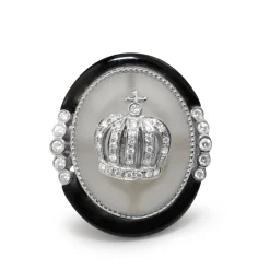 18ct White Gold Rock Crystal, Onyx and Diamond Ring