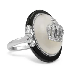 18ct White Gold Rock Crystal, Onyx and Diamond Ring