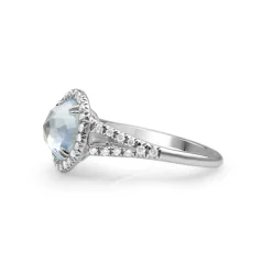18ct White Gold Rose Cut Aquamarine and Diamond Halo Ring