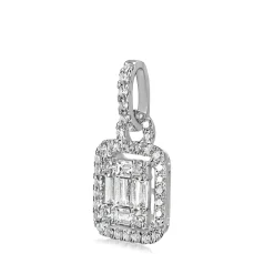 18ct White Gold Round and Baguette Diamond Halo Cluster Pendant
