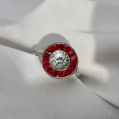 18ct White Gold Ruby and Diamond Art Deco Style Old Cut Diamond Target Ring