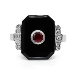 9ct White Gold Ruby and Onyx Deco Style Ring