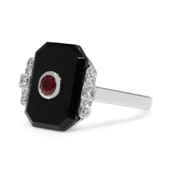 9ct White Gold Ruby and Onyx Deco Style Ring