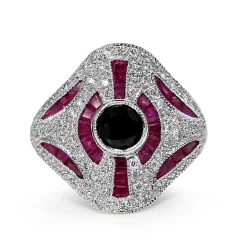 18ct White Gold Ruby, Onyx and Diamond Art Deco Style Ring