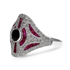 18ct White Gold Ruby, Onyx and Diamond Art Deco Style Ring