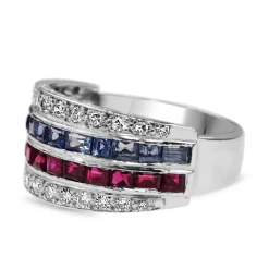 18ct White Gold 1940's Sapphire, Ruby and Single Cut Diamond Band Ring