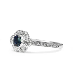 18ct White Gold Sapphire and Diamond Halo Art Deco Style Ring
