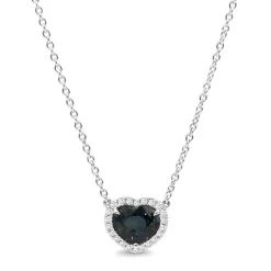 18ct White Gold Sapphire Heart and Diamond Halo Necklace